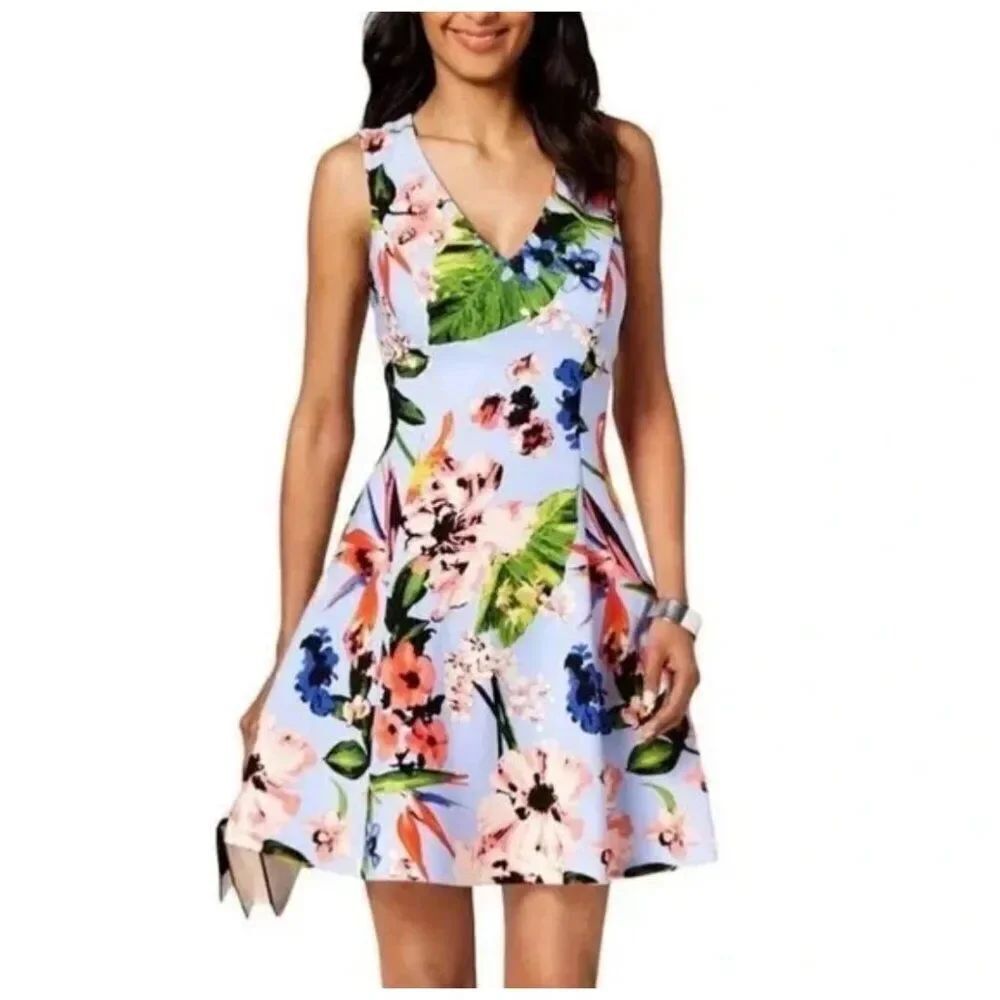 Vince Camuto Women V-Neck Skater Floral Dress Size 8